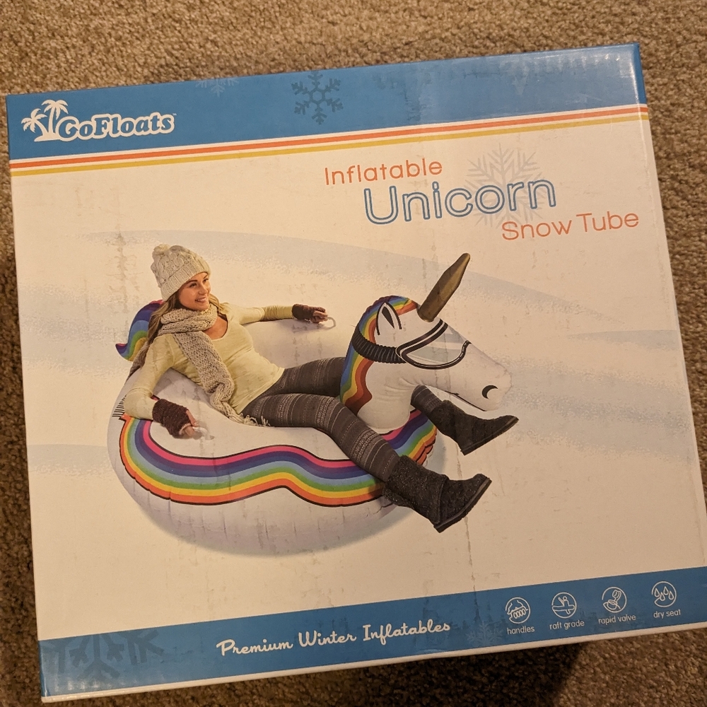 GoFloats inflatable Unicorn snow tube